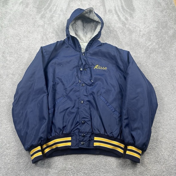 VTG DeLong Men's Hooded Satin Snap Up Jacket Coat Size XL Blue Made USA - Picture 1 of 12